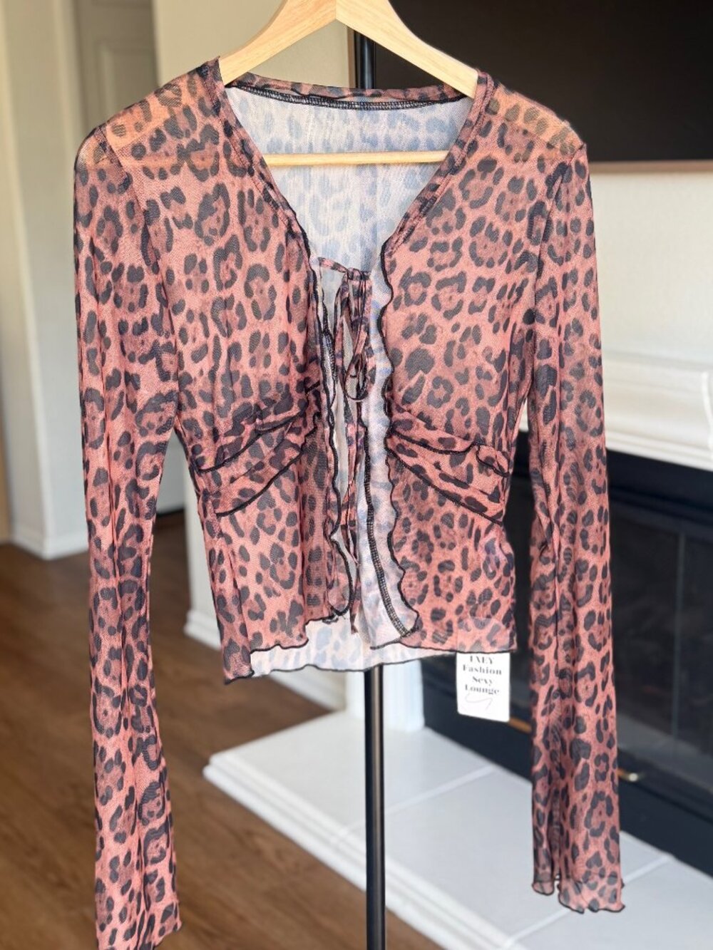 NWT Y2K Sheer Leopard Print Mesh Front Tie Ruffle Flare Sleeve Top Size Medium
